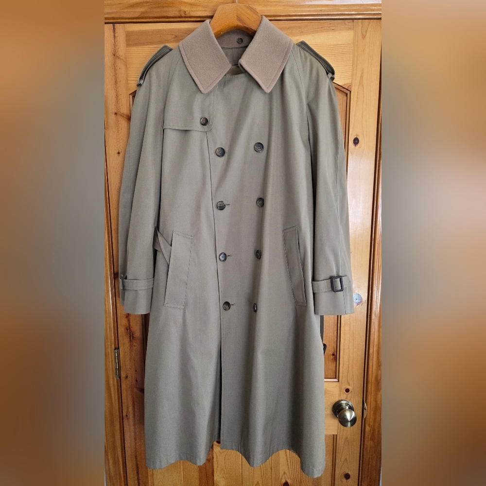 Men's 40R Overcoat Bottany 500 Tan Khaki Zip Out Wool Lining Double Breasted Vtg